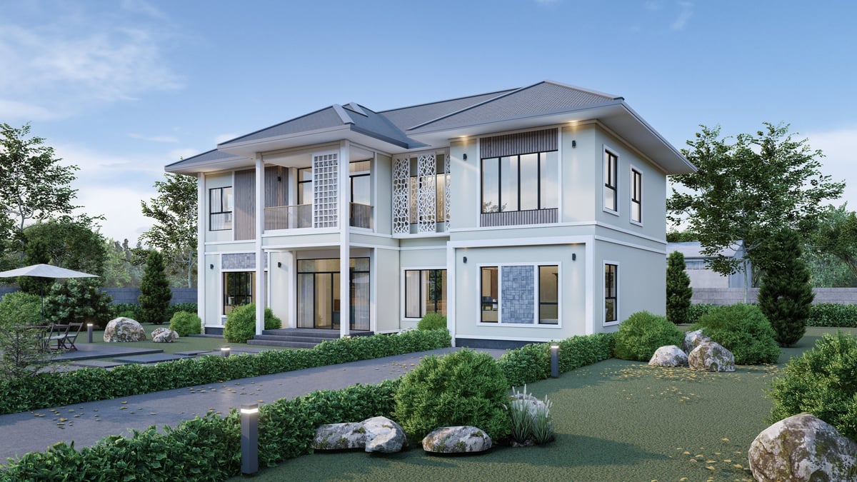 Beautiful modern home exterior with manicured lawn